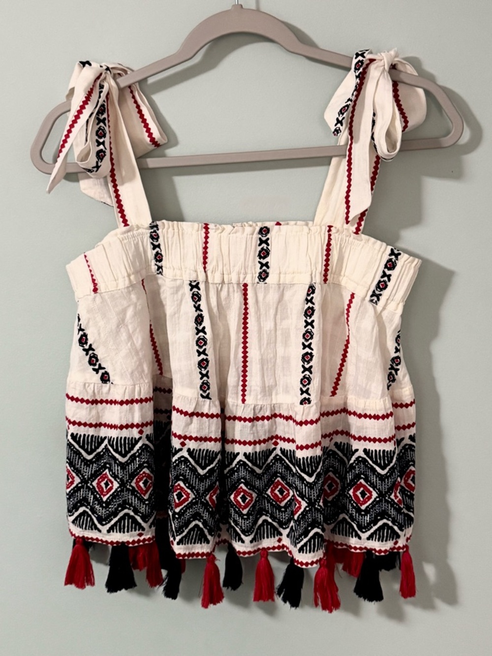 Cousin Earl Boho Print Sleeveless Tie-Shoulder Tassel Top in Cream Navy & Red